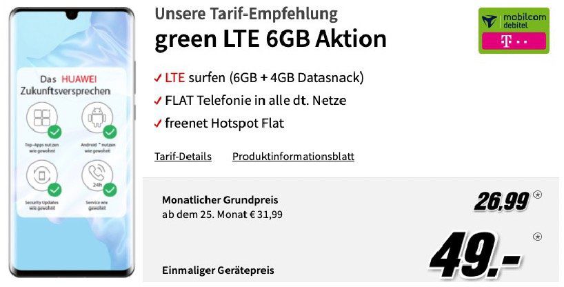 Huawei P30 Pro für 49€ + Telekom Flat mit 10GB LTE für 26,99€ mtl. (oder mit Vodafone für 24,99€ mtl.)