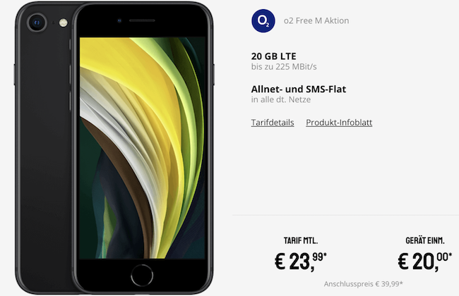 iPhone SE (2020) mit 64GB für 20€ + o2 Flat mit 20GB LTE für 23,99€