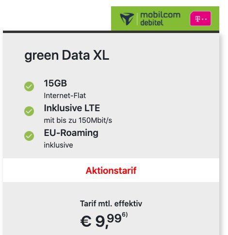 Telekom Daten Flat mit 15GB LTE für 9,99€ mtl.