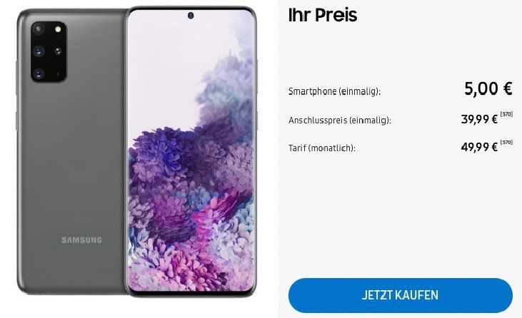 Vorbei! Samsung Galaxy S20+ 5G inkl. Galaxy Buds+ für nur 5€ + o2 Flat inkl. unlimited LTE für 49,99€ mtl.