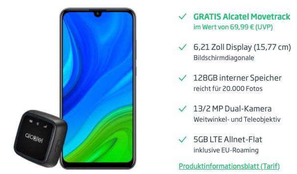 Huawei P smart 2020 mit 128GB + Alcatel Movetrack für 8,13€ + o2 Flat mit 5GB LTE für 12,49€ mtl.