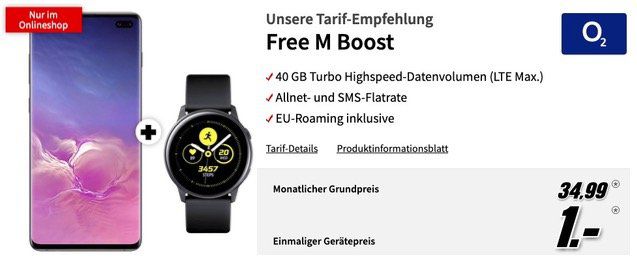 Samsung Galaxy S10 Plus 128GB + Galaxy Watch Active für 1€ mit O2 Allnet Flat mit 40GM LTE Max für 34,99€ mtl.