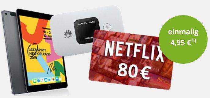 Knaller!🔥 Apple iPad 10.2 (2019) + 80€ Netflix Gutschein + Huawei Hotspot für 4,95€ + o2 Flat inkl. unlimited LTE für 39,99€ mtl.