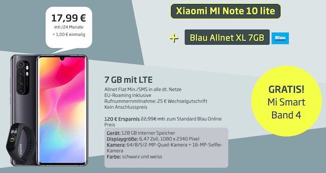 Xiaomi Mi Note 10 lite + Mi Band 4 für 1€ + o2 Flat mit 7GB LTE für 17,99€ mtl.