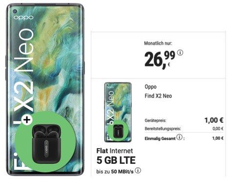 Oppo Find X2 Neo mit 256GB inkl. Enco Free für 1€ mit O2 Allnet Flatrate mit 5GB LTE für 26,99€ mtl.