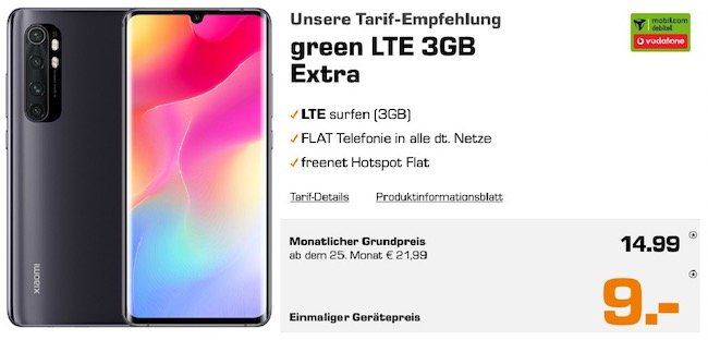 Abgelaufen! Xiaomi Mi Note 10 Lite für 9€ + Vodafone Flat mit 3GB LTE für 14,99€ mtl.