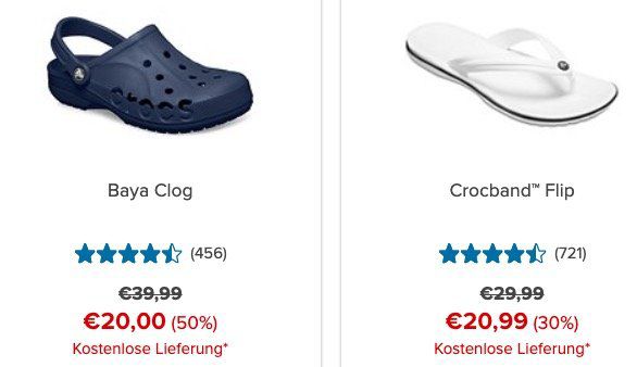 Crocs mit bis zu 50% Rabatt auf ausgewählte Schuhe + 10% Gutschein + VSK frei