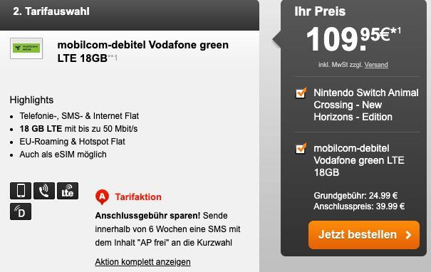Nintendo Switch New Horizons Edition für 109,95€ + Vodafone Flat mit 18GB LTE für 24,99€ mtl.