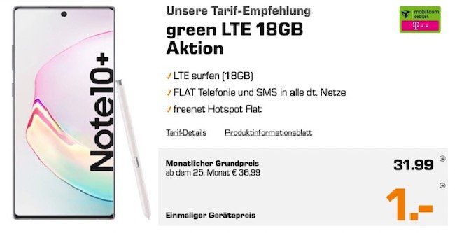Vorbei! Samsung Galaxy Note 10 Plus mit 256GB für 1€ + Telekom Flat mit 18GB LTE für 31,99€ mtl.