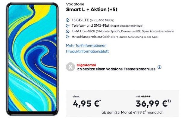 Xiaomi Redmi Note 9S für 4,95€ + 360€ Cashback + Vodafone Flat mit 15GB LTE für 36,99€ mtl.