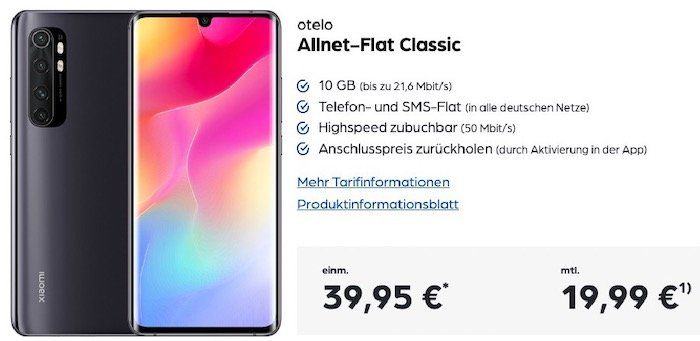 Xiaomi Mi Note 10 Lite 128GB für 39,95€ + Vodafone Allnet Flat inkl. 10GB LTE für 19,99€ mtl.