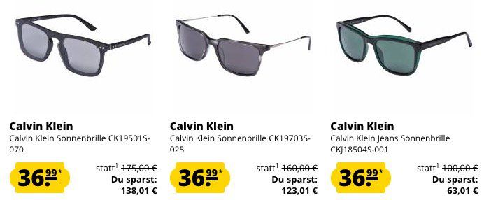 Calvin Klein Sonnenbrillen ab 36,99€ (statt 100€?) + 5€ Gutschein ab 60€