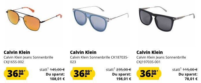 Calvin Klein Sonnenbrillen ab 36,99€ (statt 100€?) + 5€ Gutschein ab 60€
