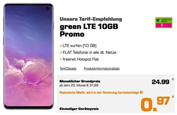 Samsung Galaxy S10 für 0,97€ + Vodafone Flat mit 10GB LTE für 24,99€ mtl.