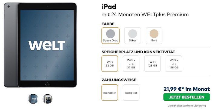 Black Freitag: WELTPlus Digital Abo (auch Premium) mit 50% Rabatt   mit Apple iPad 2020 ab 21,99€ mtl.