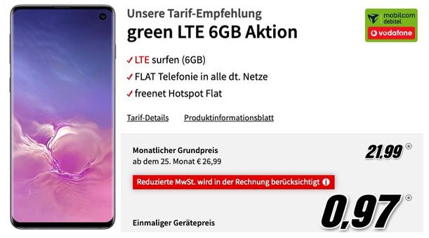 Samsung Galaxy S10 mit 128GB für 0,97€ + Vodafone Flat mit 6GB LTE für 21,99€ mtl.