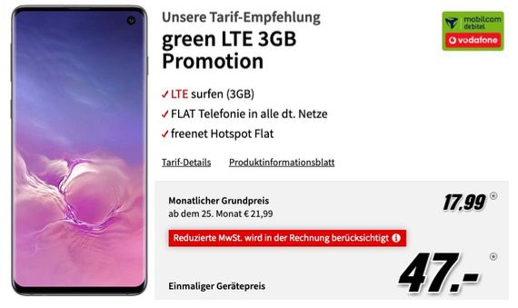 Samsung Galaxy S10 mit 128GB für 0,97€ + Vodafone Flat mit 6GB LTE für 21,99€ mtl.