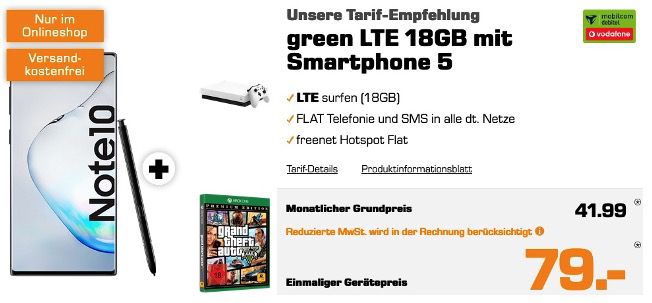 Galaxy Note 10 + Xbox One X 1TB + GTA5 für 79€  mit Vodafone Flat mit 18GB LTE für 41,99€ mtl.