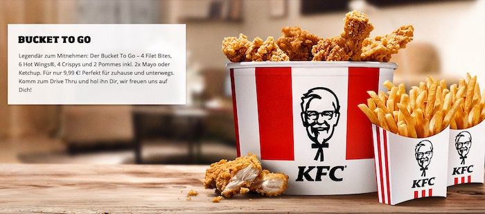 KFC: Bucket To Go mit 4 Filet Bites, 6 Hot Wings, 4 Crispys und Pommes für 9,99€ (statt 18€)