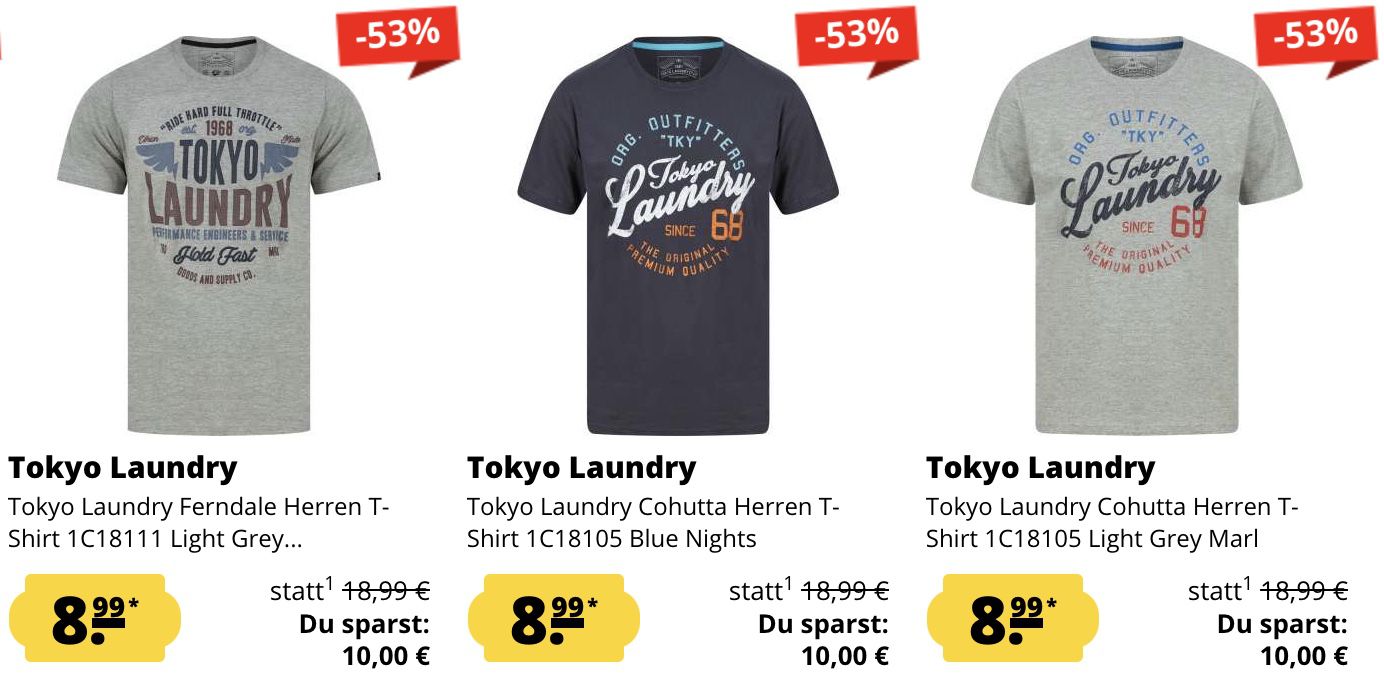 Tokyo Laundry Sale bei SportSpar + 5€ Gutschein ab 50€   z.B. Herren T Shirts ab 8,99€