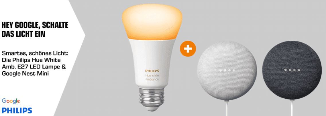 Google Nest mini + Hue E27 White LED Lampe für 59€ (statt 73€)
