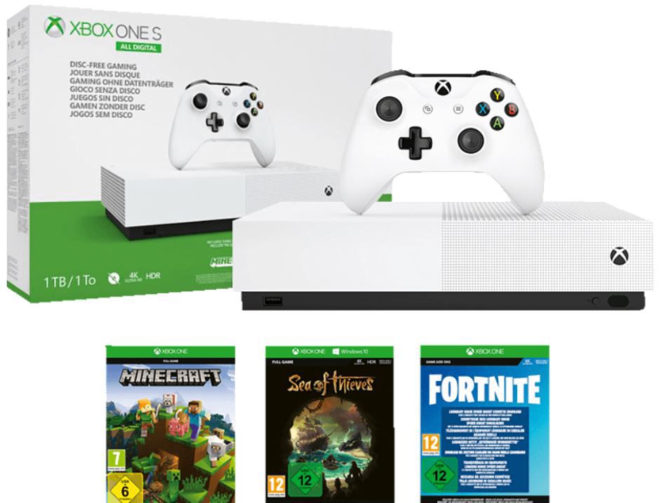Microsoft Xbox One S 1TB All Digital Edition Minecraft + Sea of Thieves + Fortnite für 142,85€ (statt 173€)