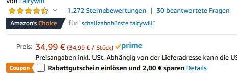 Fairywill elektr. Schallzahnbürste mit 8 Aufsteckbürsten für 17,24€ (statt 35€)