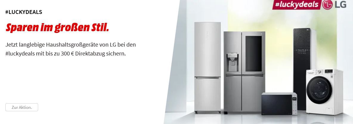 Media Markt LG Elektro Groß Geräte Luckydeals: z.B. LG F4WV Waschmaschine (10,5 kg, 1400 U/Min.) für 549€ (statt 648€)