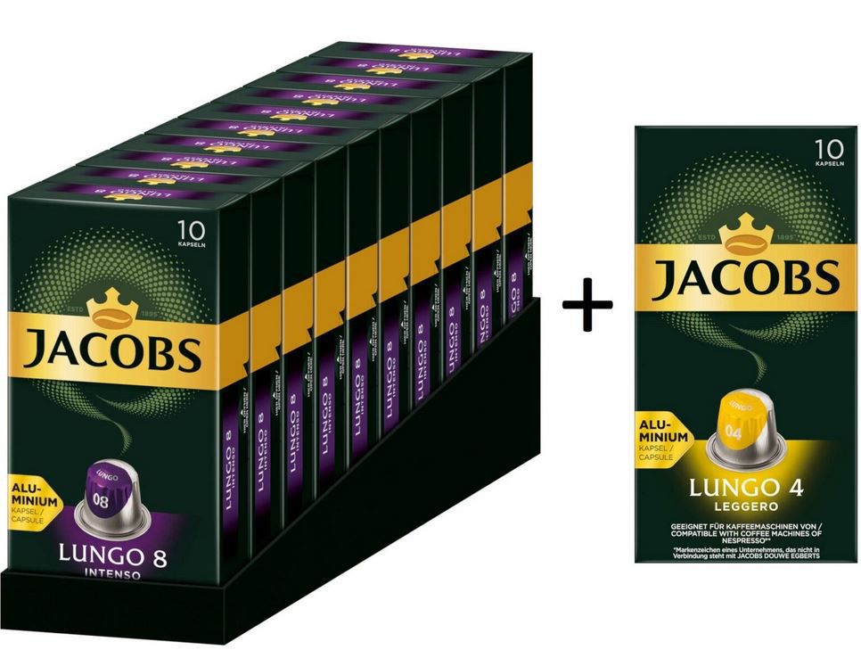 JACOBS Nespresso Kapseln: 100 Lungo 8 Intenso + 10 Lungo 4 Leggero für 19,95€ (statt 30€)