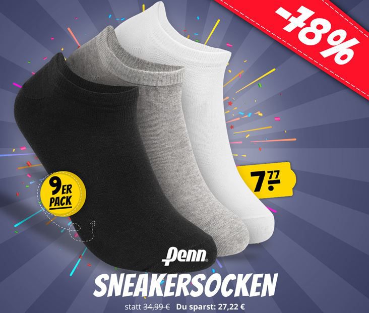 Penn Sneaker Socken 40 46 im 9er Pack für 11,72€  (statt 19€)