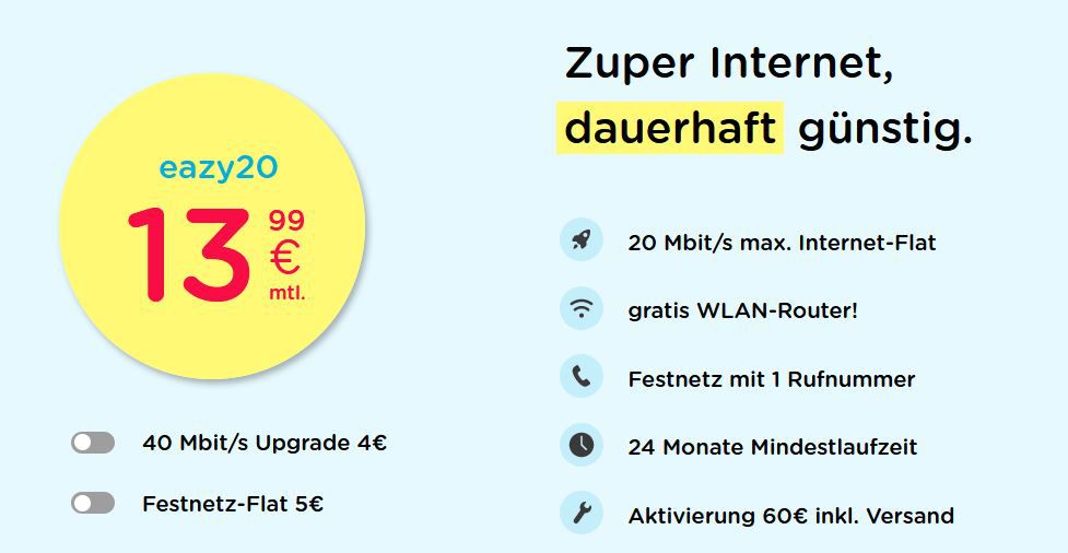 eazy Internet Zugang (Vodafone) mit 20 Mbit/s für 13,99€ mtl.   oder 40 Mbit/s für 17,99€