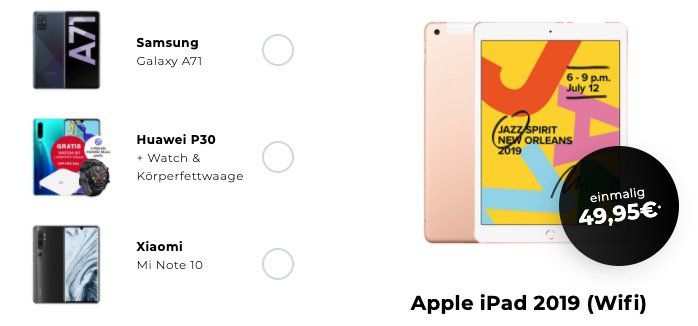 Apple iPad (2019) 32GB WiFi für 49,95€ + Telekom Flat von Congstar mit 8GB LTE für 19,50€ mtl.