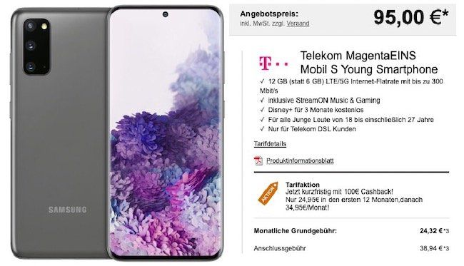 Young MagentaEins: Samsung Galaxy S20 5G für 95€ + 100€ Cashback + Telekom Flat mit 12GB LTE + StreamOn für 29,95€ mtl.