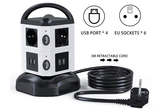 Mehrfach Steckdosenturm mit 6 Steckdosen und 4x USB Ladeanschlüssen, 2 Schaltern und 3m Kabel für 20,39€ (statt 34€)