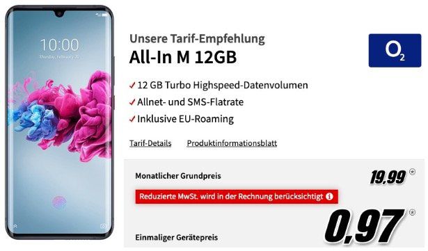 ZTE Axon 11 mit 128GB für 0,97€ + O2 Flat mit 12GB LTE50 für 19,99€ mtl.