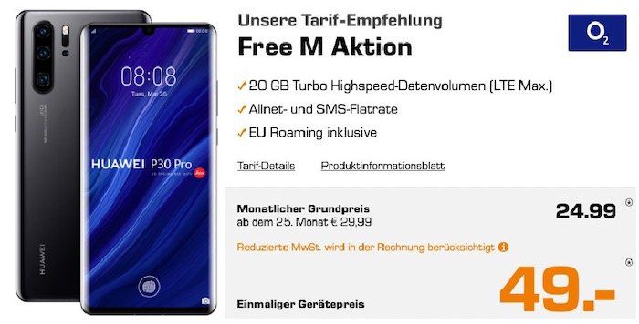 Knaller! 🔥 Huawei P30 Pro + Watch GT + Waage + Mini Speaker für 49€ + o2 Flat mit 20GB LTE für 24,99€ mtl.