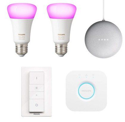 2x Philips Hue Color E27 Bluetooth + Dimmschalter + Hue Bridge + Nest Mini für 119,95€ (statt 154€)