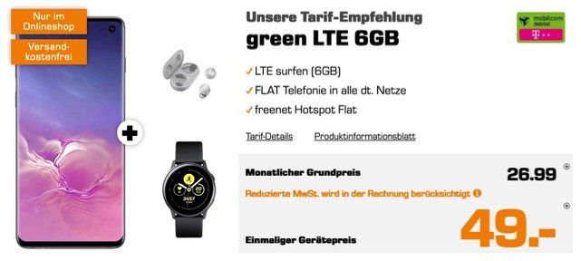 Vorbei! Samsung Galaxy S10 + Watch Active + Galaxy Buds für 49€ mit Telekom Allnet Flat inkl. 6GB LTE für 26,99€