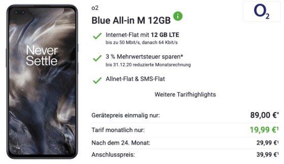 OnePlus 8 Nord mit 128GB für 89€ mit O2 Blue All In M mit 12GB LTE für 19,99€ mtl.