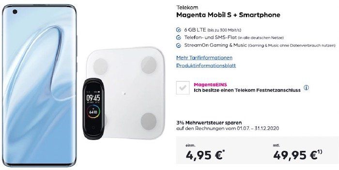 Xiaomi Mi 10 + Mi Band 4 + Mi Scale 2 für 4,95€ + 100€ Cashback + Telekom Flat inkl. StreamOn mit 6GB für 49,95€ mtl.