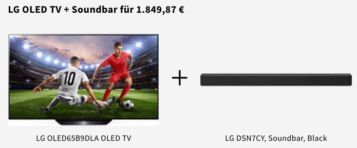 LG 65″ 65B9DLA OLED TV + LG DSN7CY Soundbar für 1.849,87€ (statt 2.367€)