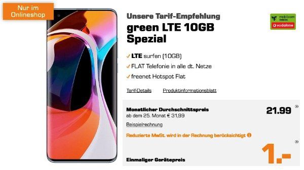 Xiaomi Mi 10 mit 128GB für 1€ + Vodafone Allnet Flat mit 10GB LTE für 21,99€ mtl.