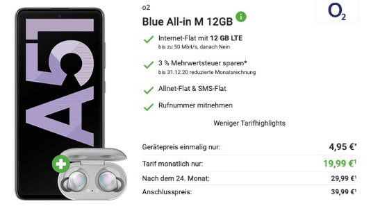 Samsung Galaxy A51 + Galaxy Buds für 4,95€ + o2 Allnet Flat mit 12GB LTE für 19,99€ mtl.