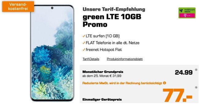 Pricedrop: Samsung Galaxy S20 128GB für 8,77€ + Vodafone Allnet Flat mit 10GB LTE für 24,99€ mtl.