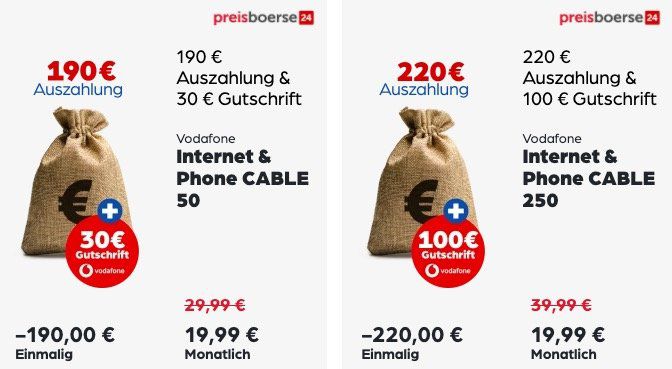 Vodafone Cable Angebote mit Prämien und Auszahlung   z.B. Cable 250 für 34,99€ mtl. + 320€ Auszahlung