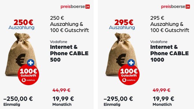 Vodafone Cable Angebote mit Prämien und Auszahlung   z.B. Cable 250 für 34,99€ mtl. + 320€ Auszahlung