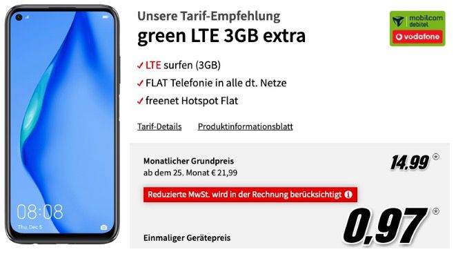 Huawei P40 lite für 0,97€ + Vodafone Flat mit 3GB LTE für 14,99€ mtl.