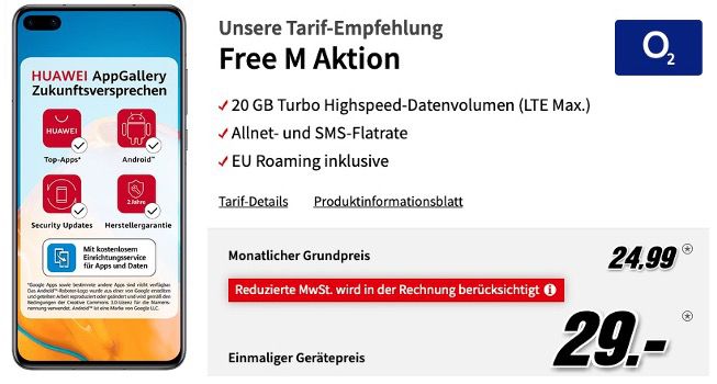 Huawei P40 128GB für 29€ + o2 Allnet Flatrate mit 20GB LTE für 24,99€ mtl.