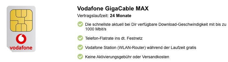 Vodafone CableMax Gigabit dank 240€ Cashback für nur eff. 28,99€ mtl.