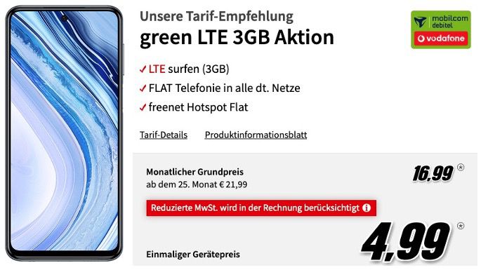 Xiaomi Redmi Note 9 Pro 128GB für 4,99€ mit Vodafone Allnet Flat mit 3GB LTE für 16,99€ mtl.